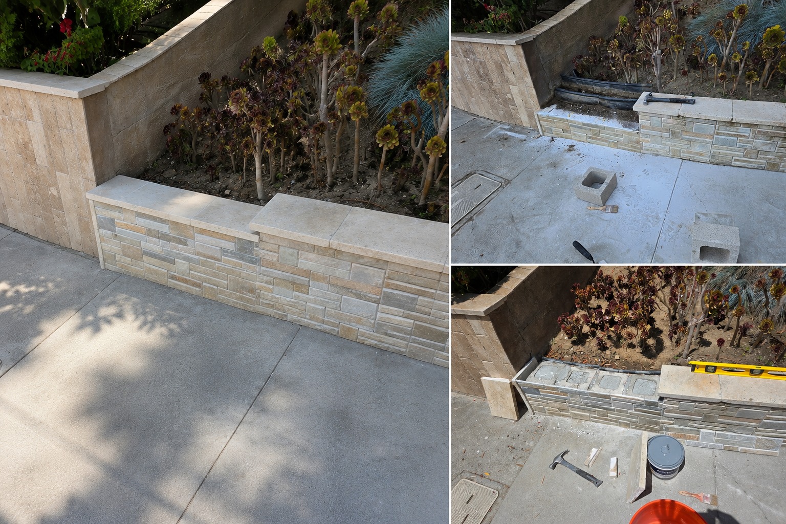 Stone planter wall repair with stone veneer and cap installation in Glendale, CA.