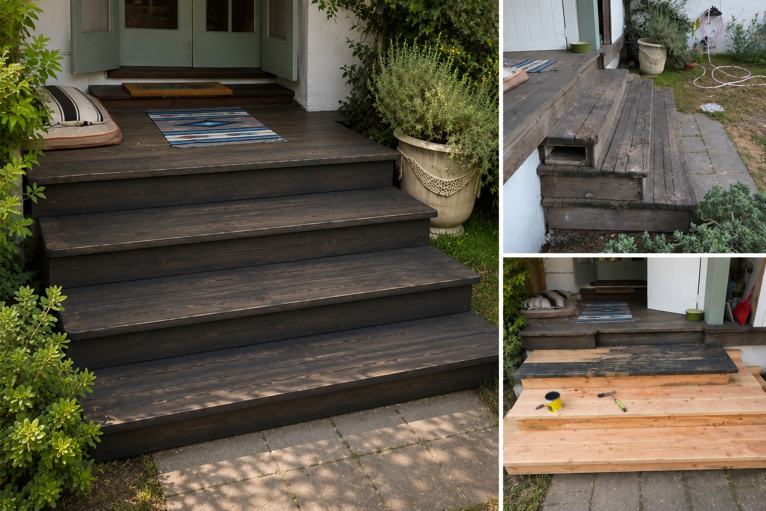 Wood front porch steps renovation and refinishing for a residential home in Glendale, CA.