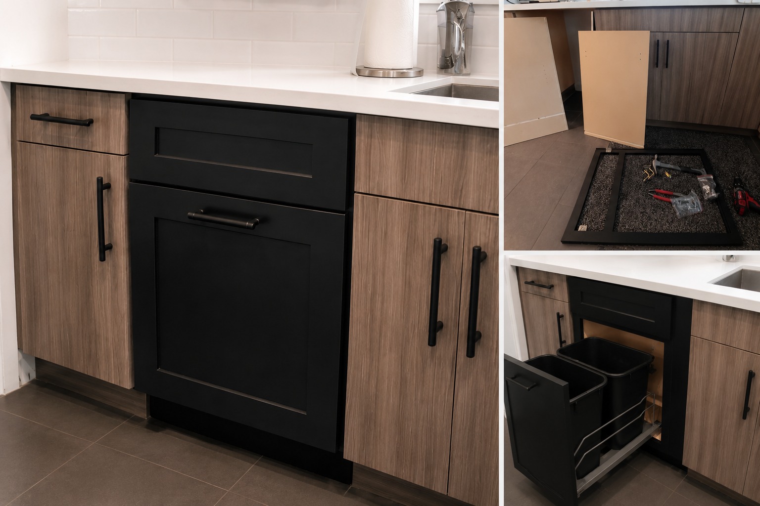 Pull-out trash cabinet installation in a modern kitchen in North Hollywood, CA.