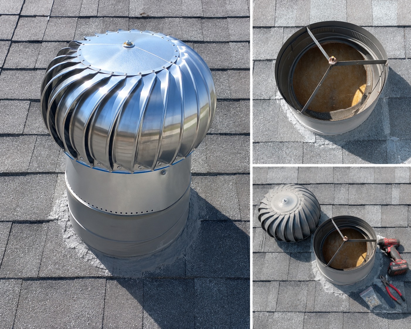 Roof turbine vent replacement and installation on a residential shingle roof in Northridge, CA.