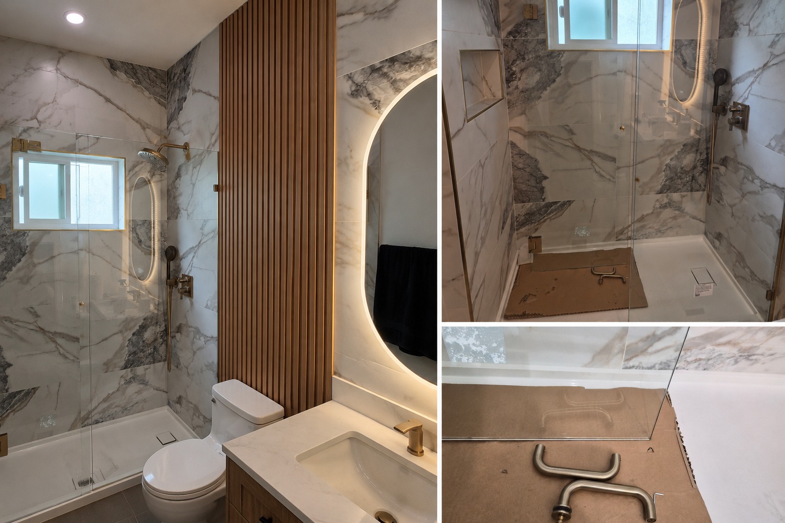 Modern bathroom renovation with glass shower, large-format tile and wood accent wall in Pasadena, CA.